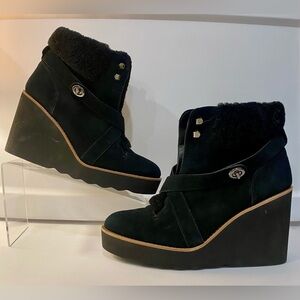 Coach Kenna Black Suede Shearling Turnlock Strap Wedge Booties